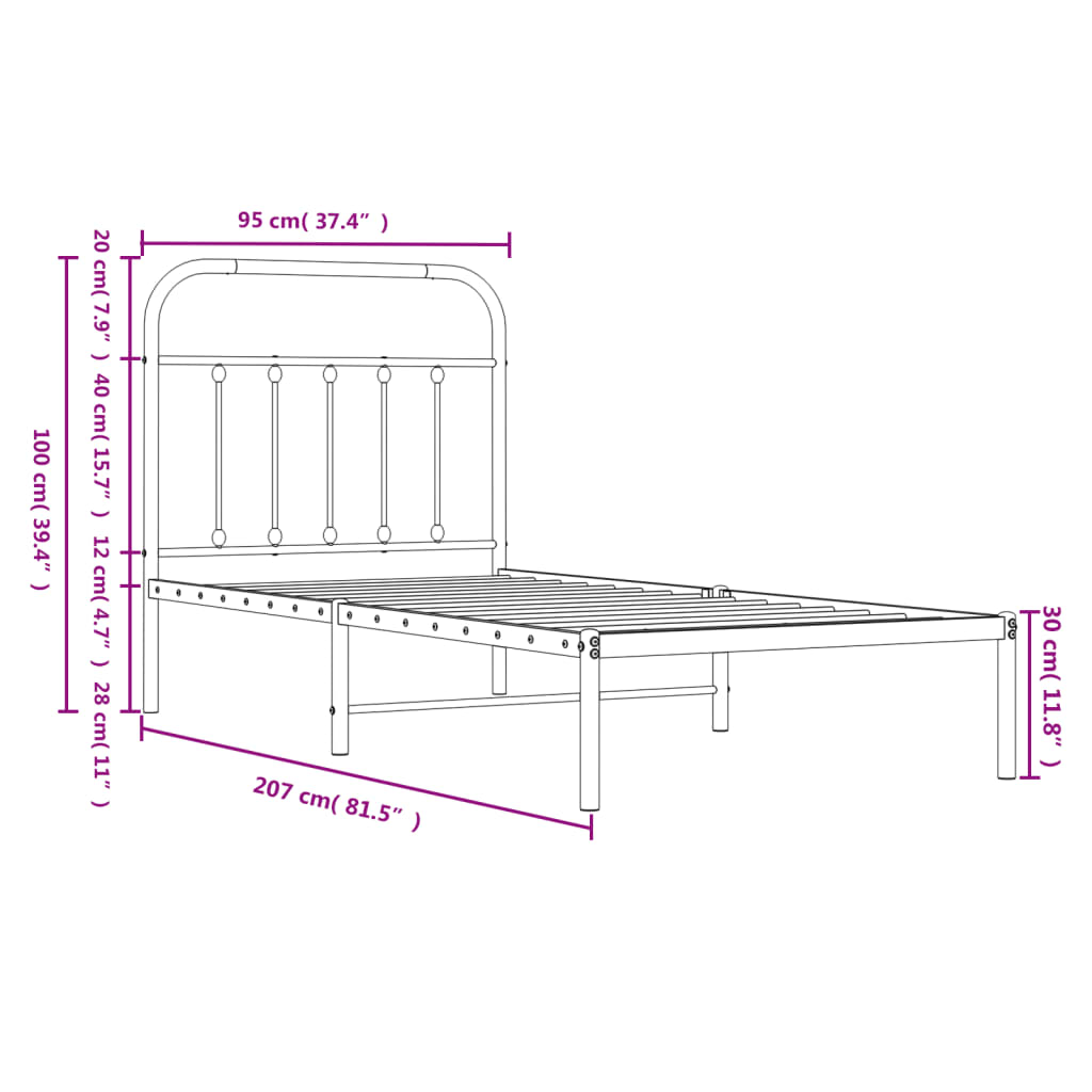 Sängram med huvudgavel metall vit 90x200 cm