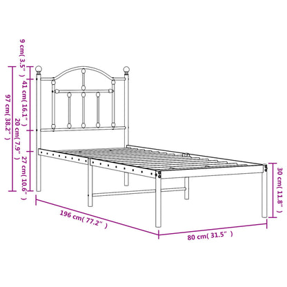 Sängram utan madrass med huvudgavel metall vit 75x190 cm