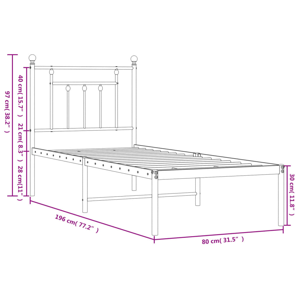 Sängram utan madrass med huvudgavel metall vit 75x190 cm