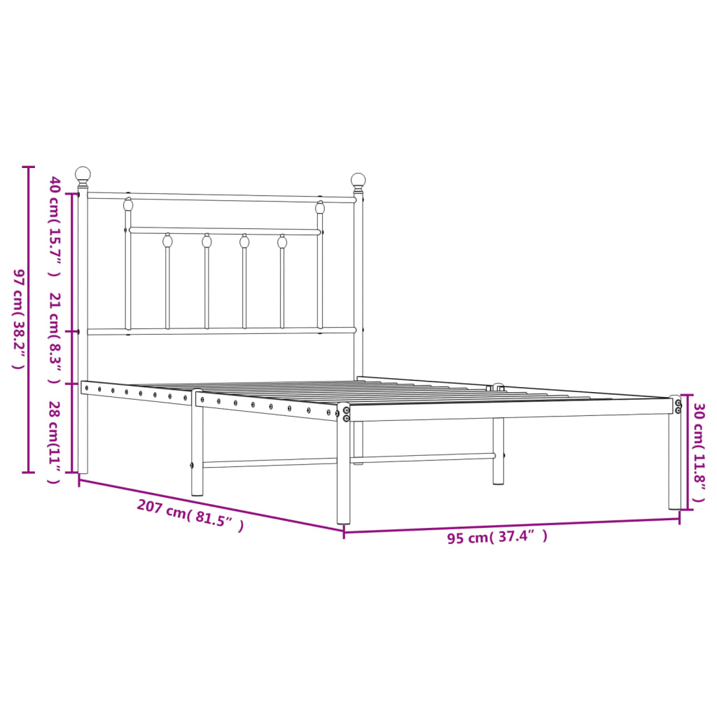 Sängram med huvudgavel metall vit 90x200 cm