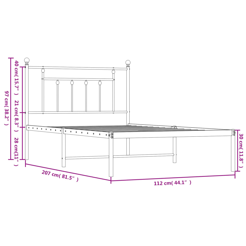 Sängram med huvudgavel metall vit 107x203 cm