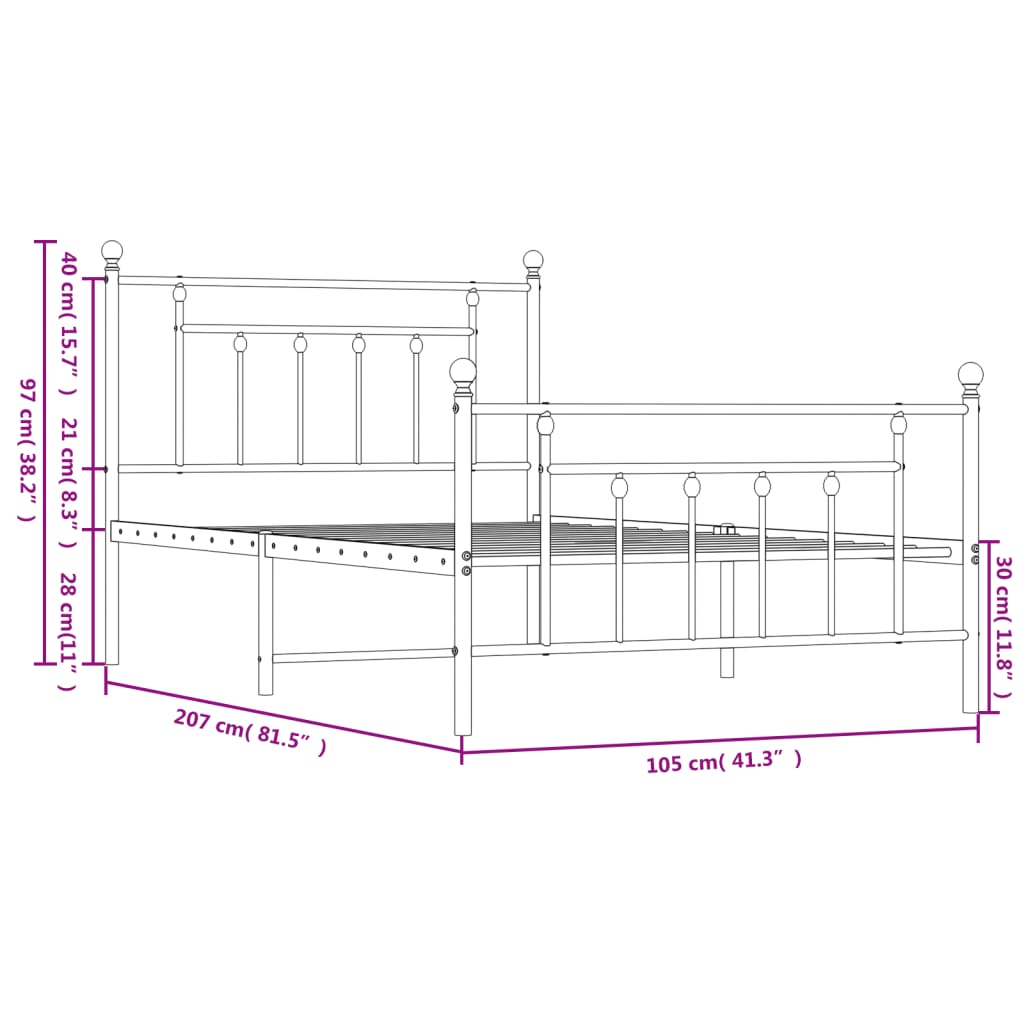 Sängram med huvudgavel och fotgavel vit metall 100x200 cm