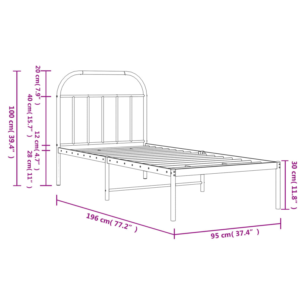 Sängram med huvudgavel metall vit 90x190 cm