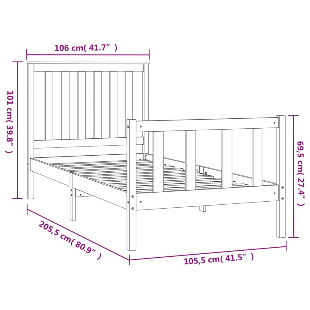 Sängram utan madrass vit 100x200 cm massiv furu