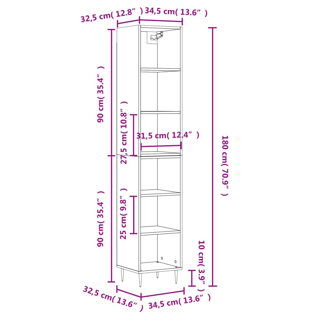 Högskåp högglans vit 34,5x32,5x180 cm konstruerat trä