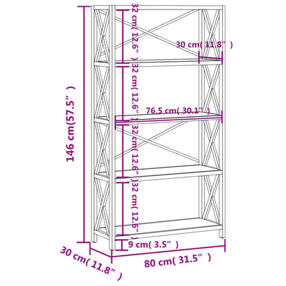 Bokhylla med 5 hyllplan 80x30x146 cm massiv ek