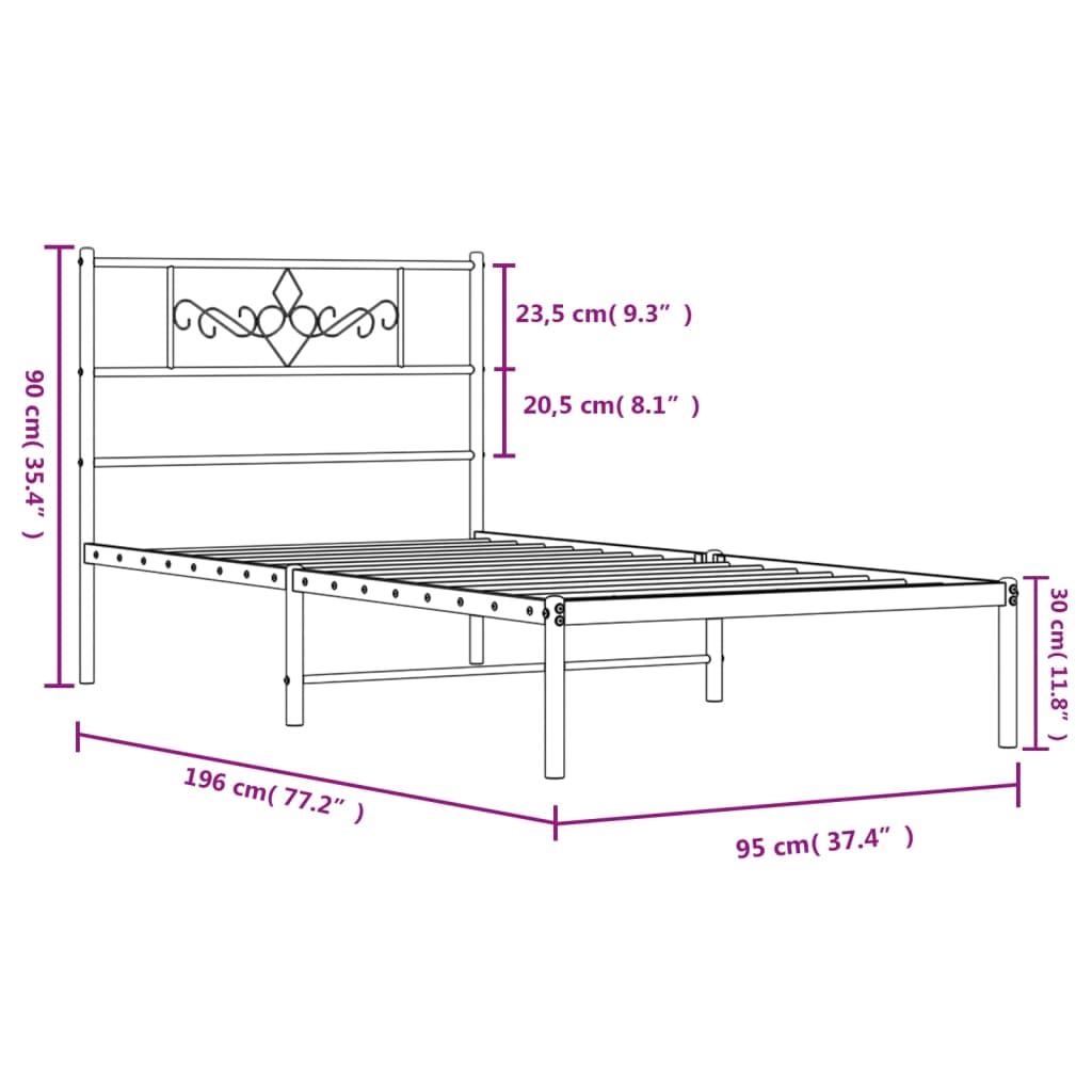 Sängram med huvudgavel metall vit 90x190 cm