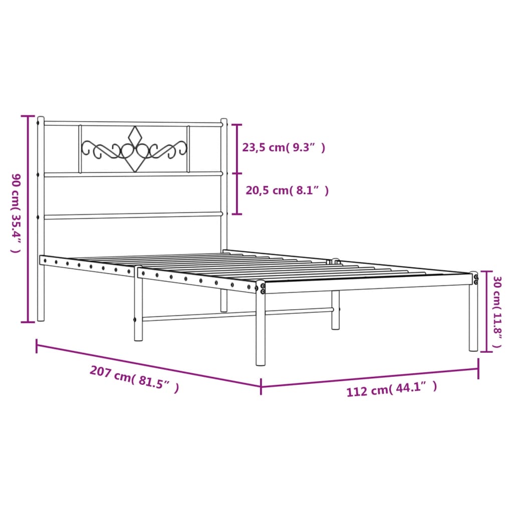 Sängram med huvudgavel metall vit 107x203 cm