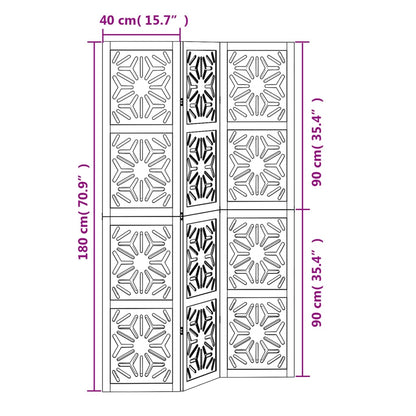 Rumsavdelare 3 paneler brun och svart massivt paulownia