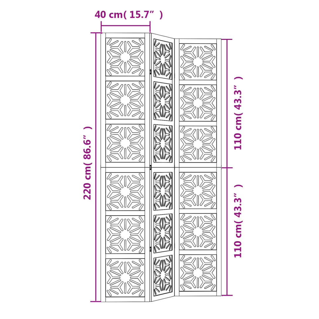 Rumsavdelare 3 paneler brun och svart massivt paulownia