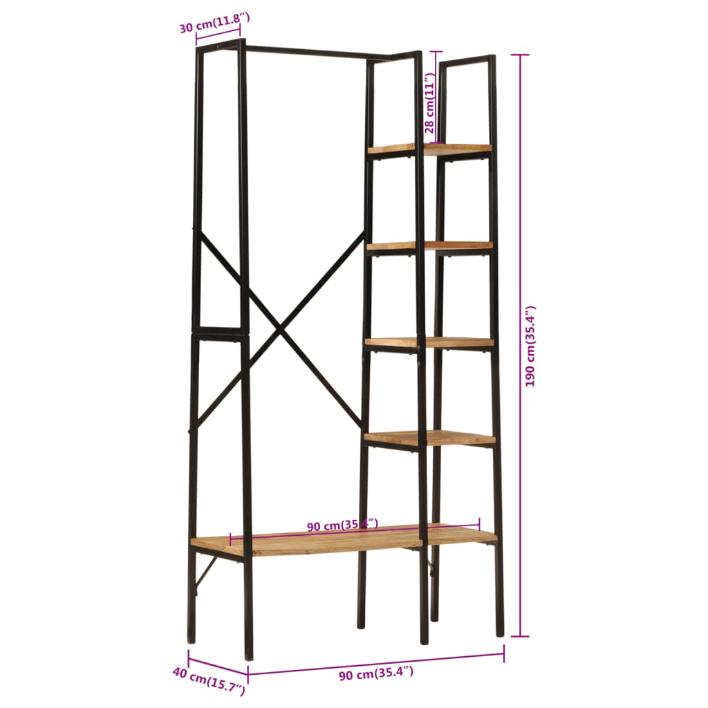 Klädställning med hyllor 90x40x190 cm massivt mangoträ och järn