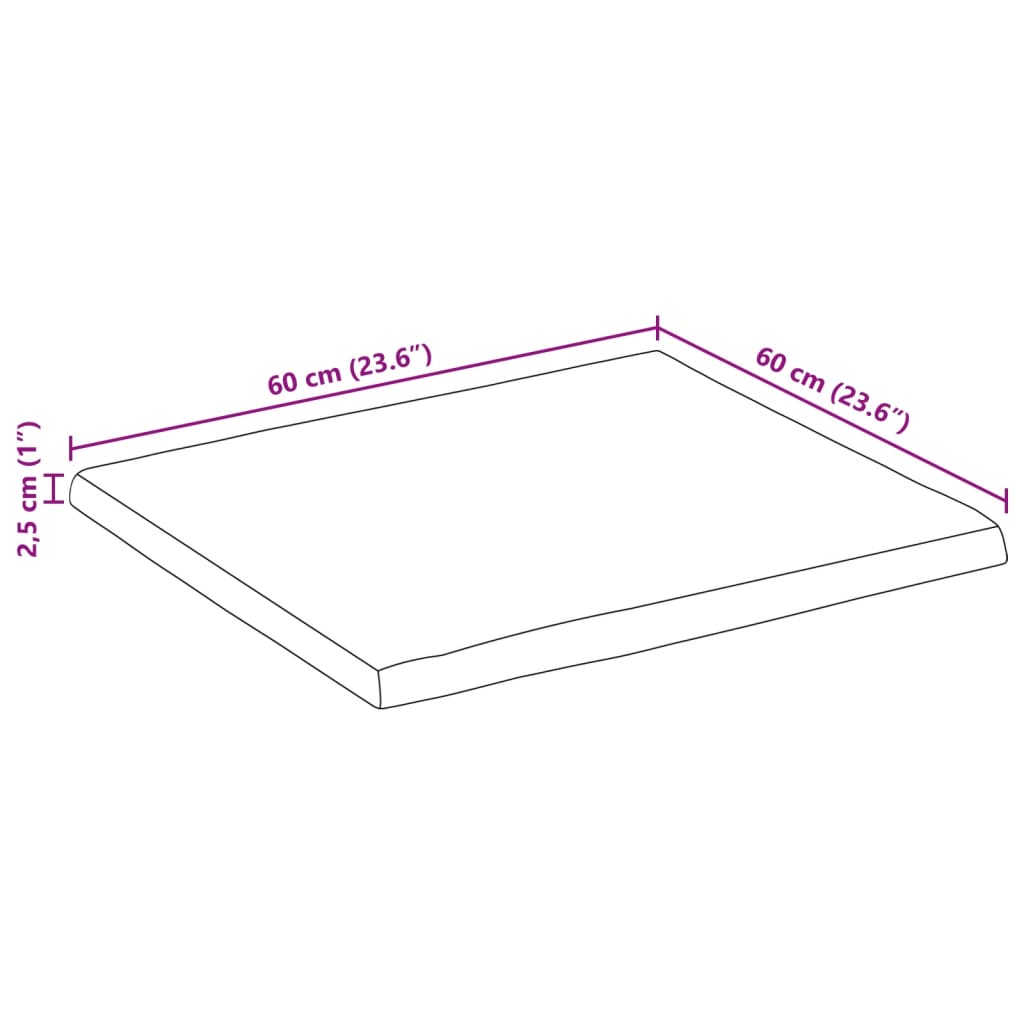 Bordsskiva 60x60x2,5 cm levande kant massivt grovt mangoträ