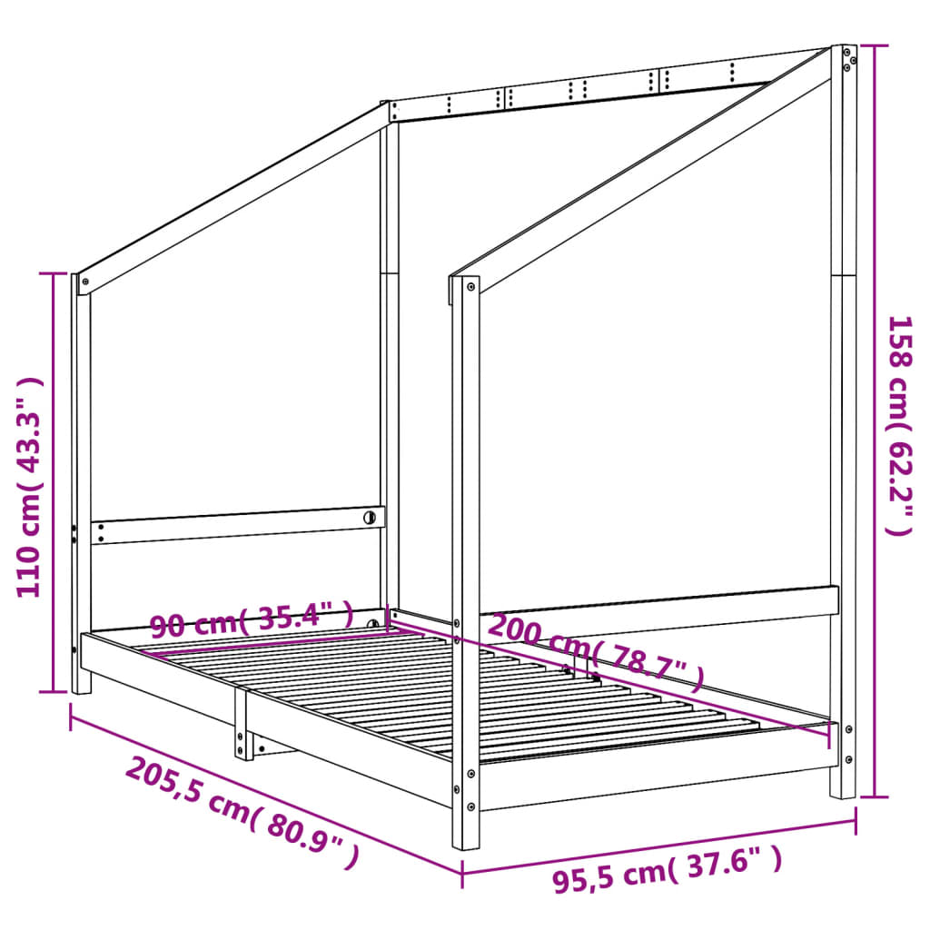 Sängram för barnsäng svart 90x200 cm massiv furu