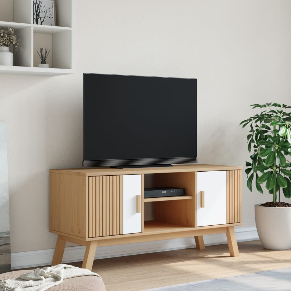 Tv-bänk OLDEN vit och brun 114x43x57 cm massiv furu