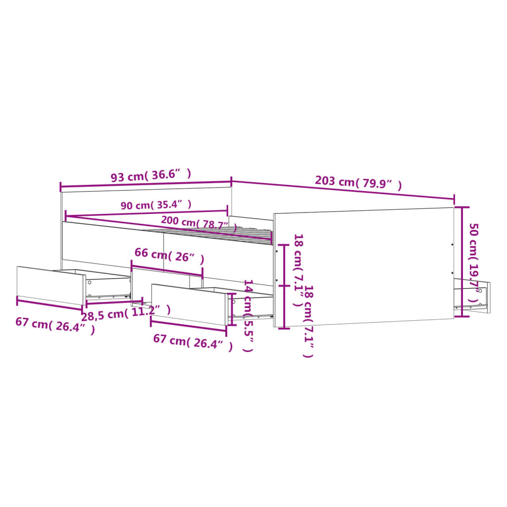 Sängram med huvudgavel och fotgavel vit 90x200 cm