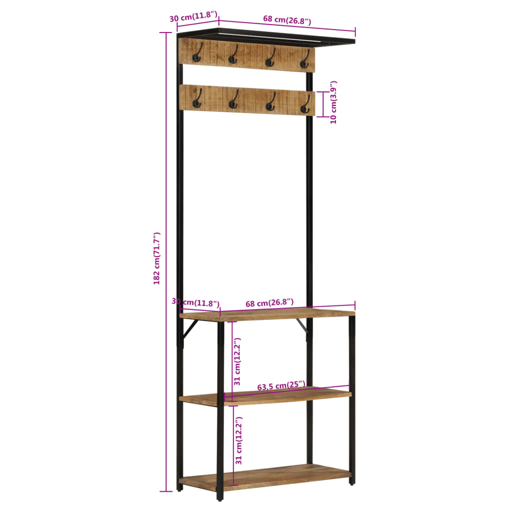 Klädhängare med skoförvaring 68x30x182 cm massivt mangoträ