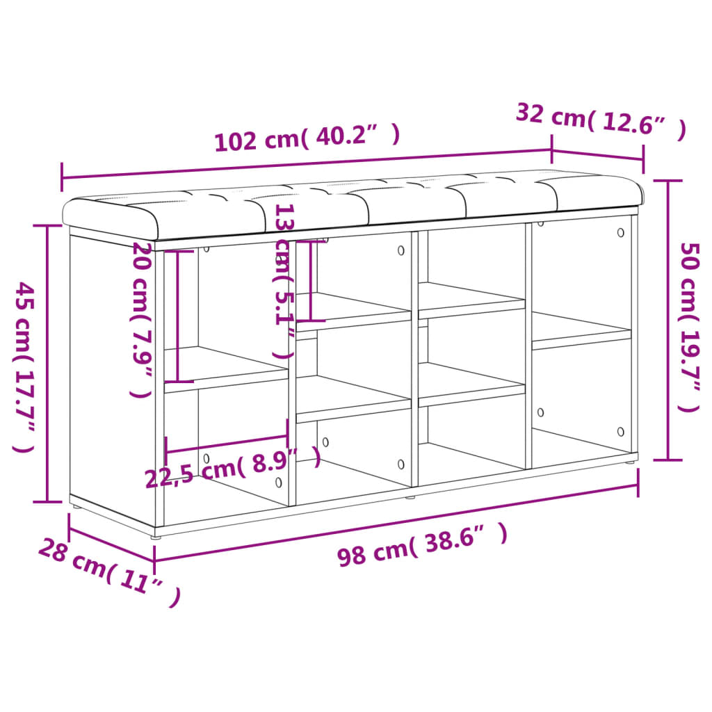 Skobänk sonoma-ek 102x32x50 cm konstruerat trä