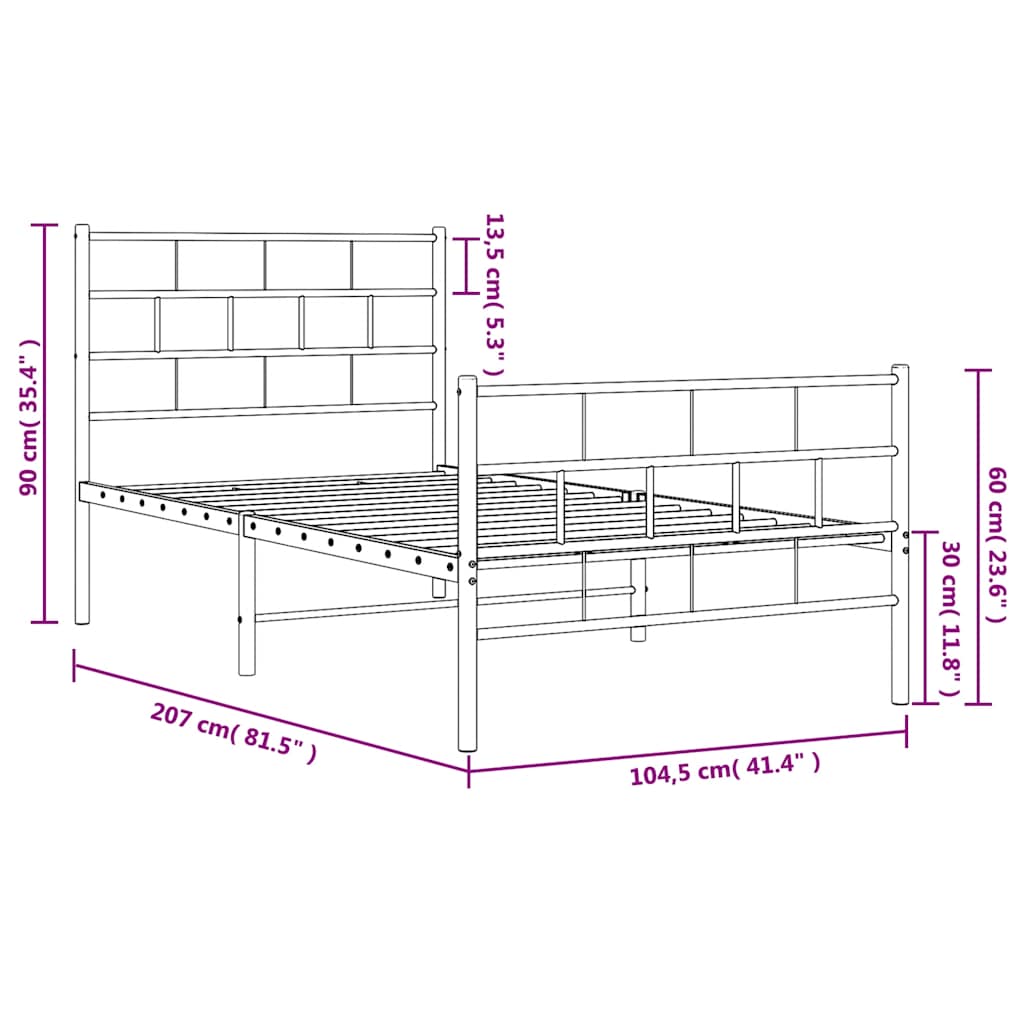 Sängram med huvudgavel och fotgavel vit metall 100x200 cm