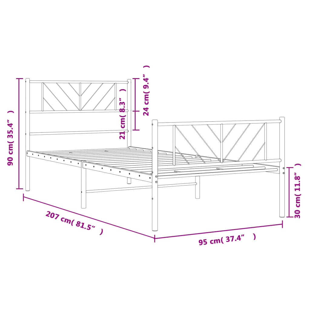 Sängram med huvudgavel och fotgavel svart metall 90x200 cm