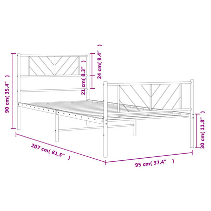 Sängram med huvudgavel och fotgavel svart metall 90x200 cm