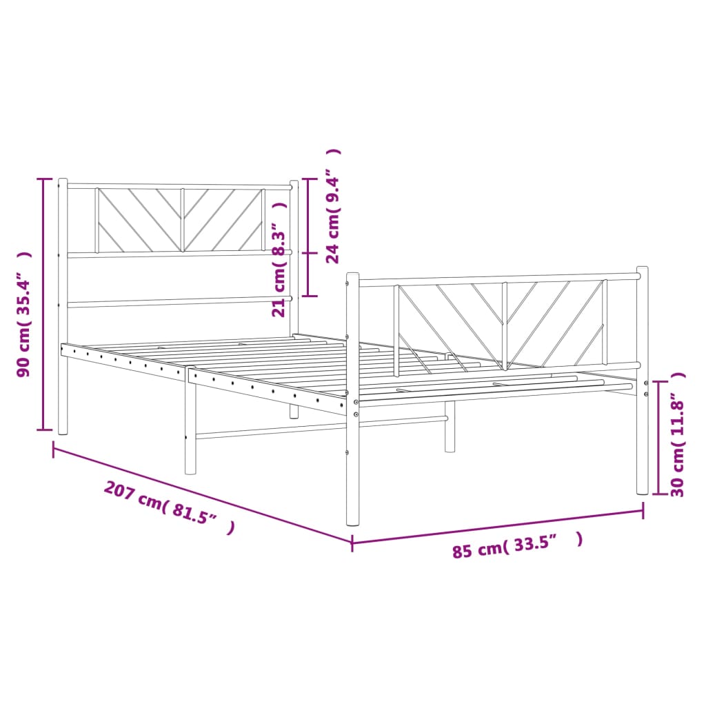 Sängram med huvudgavel och fotgavel vit metall 80x200 cm