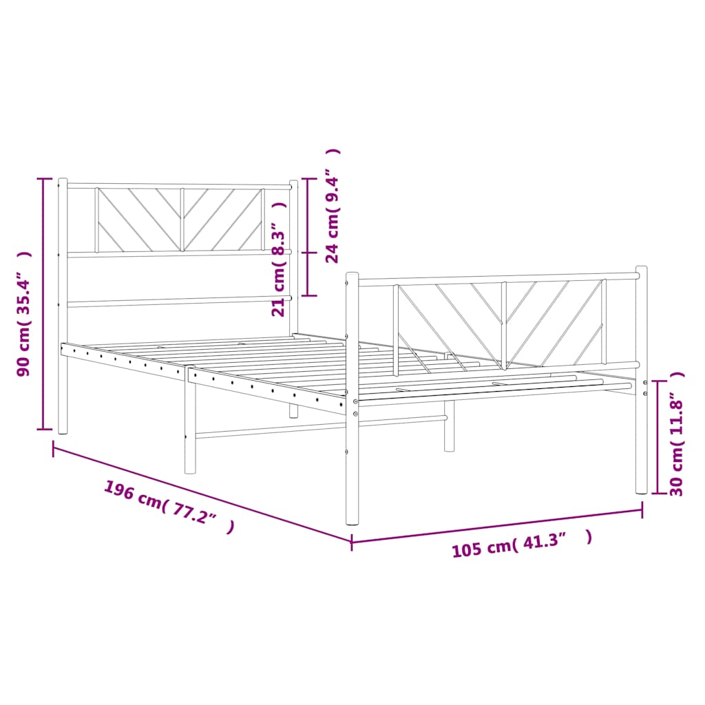 Sängram med huvudgavel och fotgavel vit metall 100x190 cm