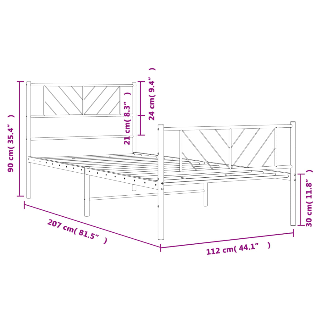 Sängram med huvudgavel och fotgavel vit metall 107x203 cm