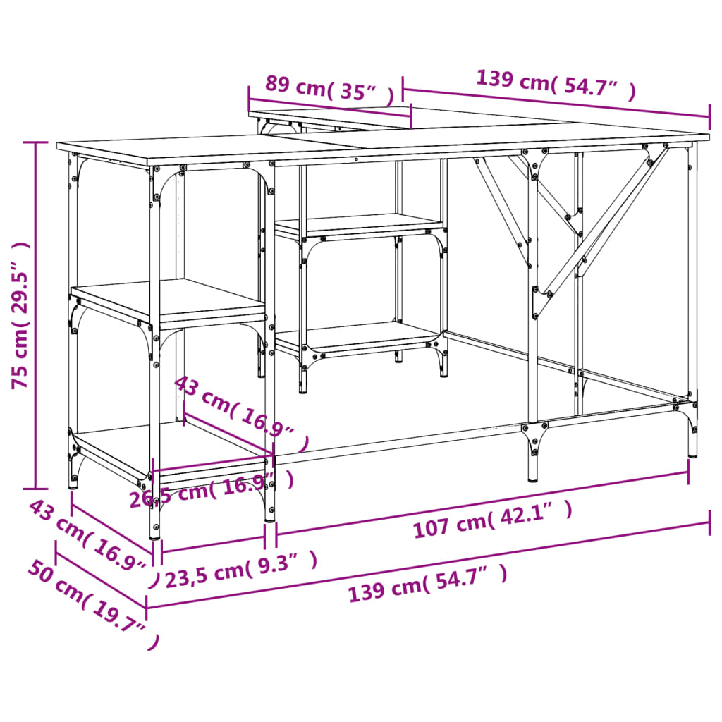 Skrivbord rökfärgad ek 139x139x75 cm konstruerat trä