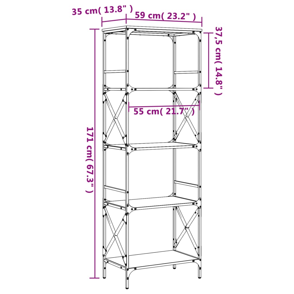 Bokhylla 5 hyllplan rökig ek 59x35x171 cm konstruerat trä