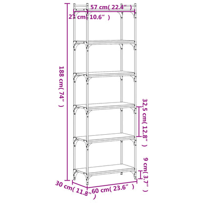 Bokhylla 6 hyllplan rökfärgad ek 60x30x188 cm konstruerat trä