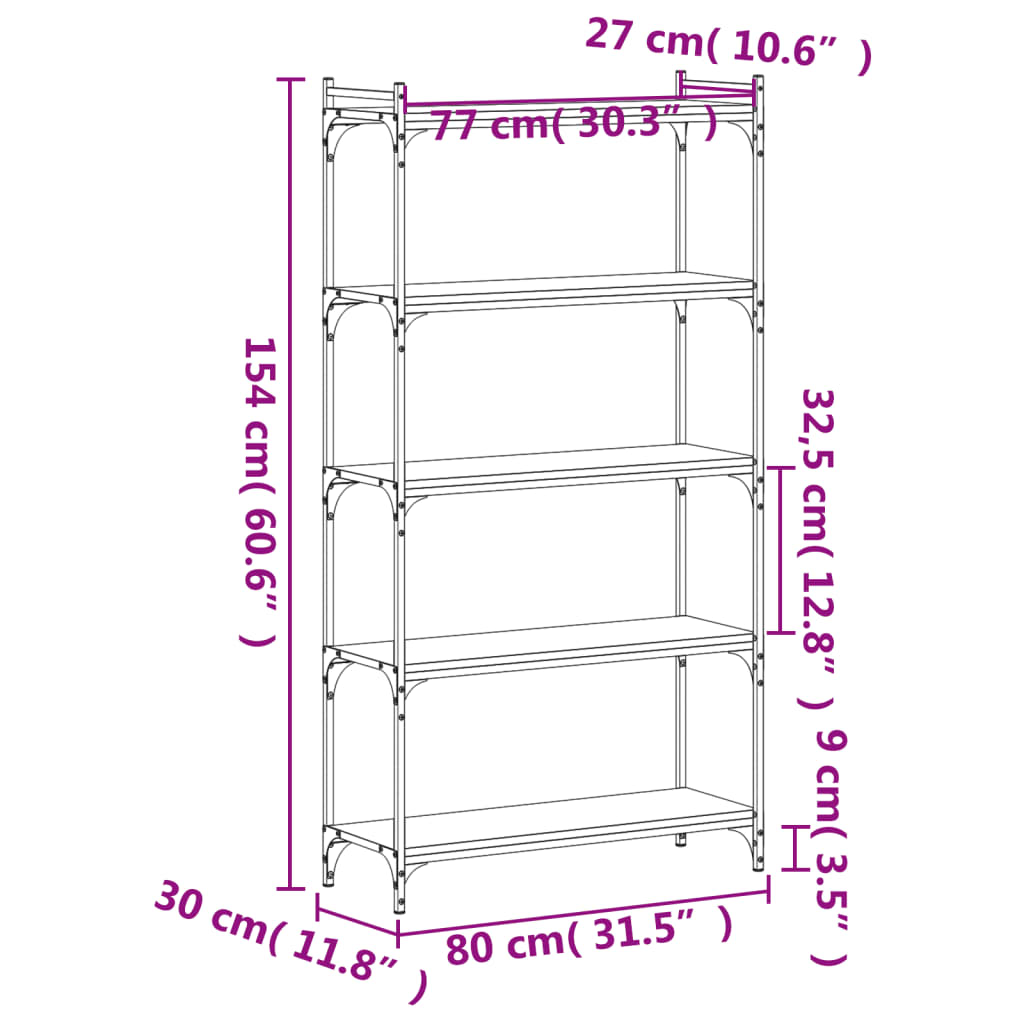 Bokhylla 5 hyllplan sonoma-ek 80x30x154 cm konstruerat trä