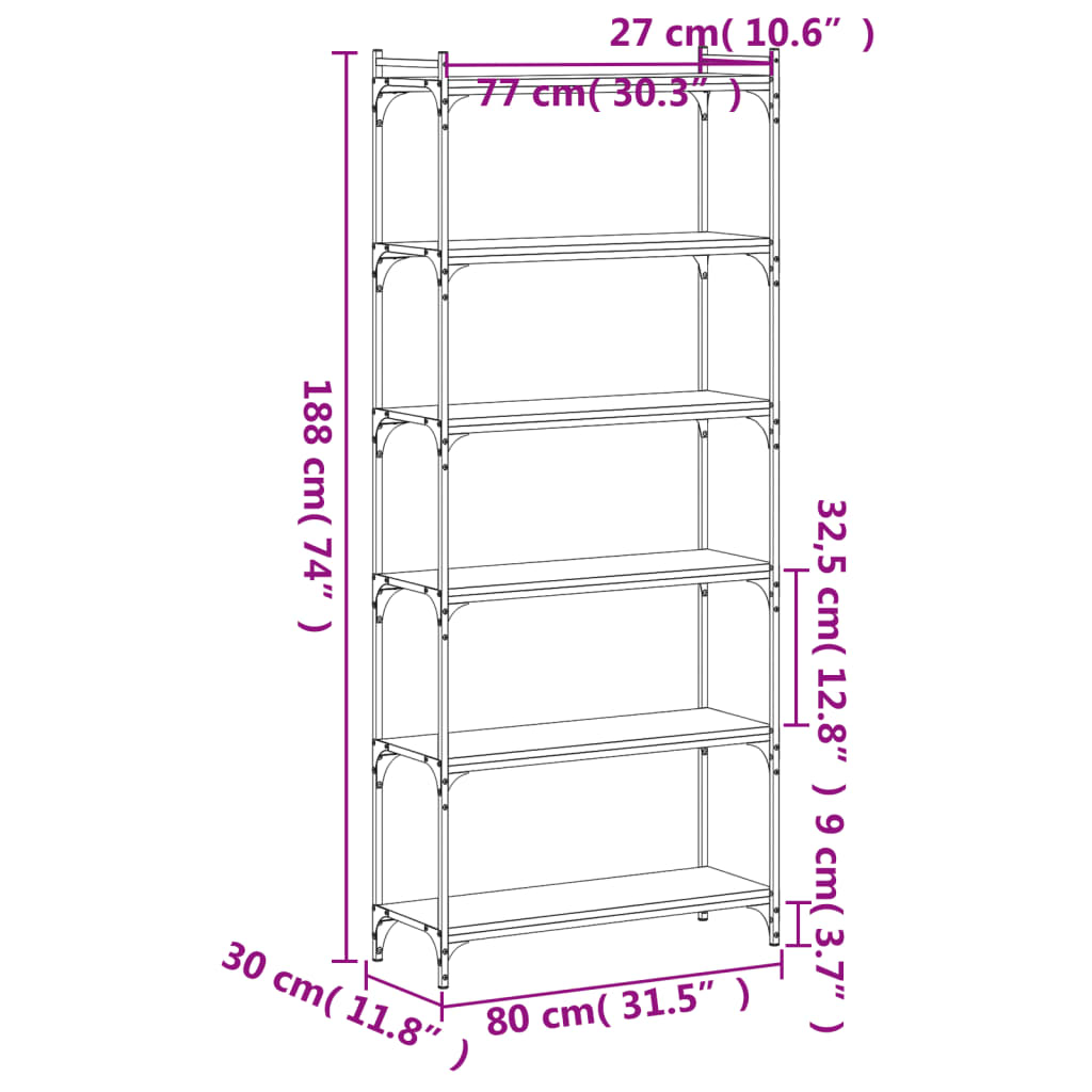 Bokhylla 6 hyllplan svart 80x30x188 cm konstruerat trä