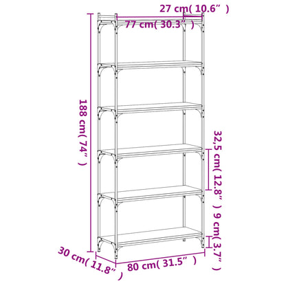 Bokhylla 6 hyllplan svart 80x30x188 cm konstruerat trä