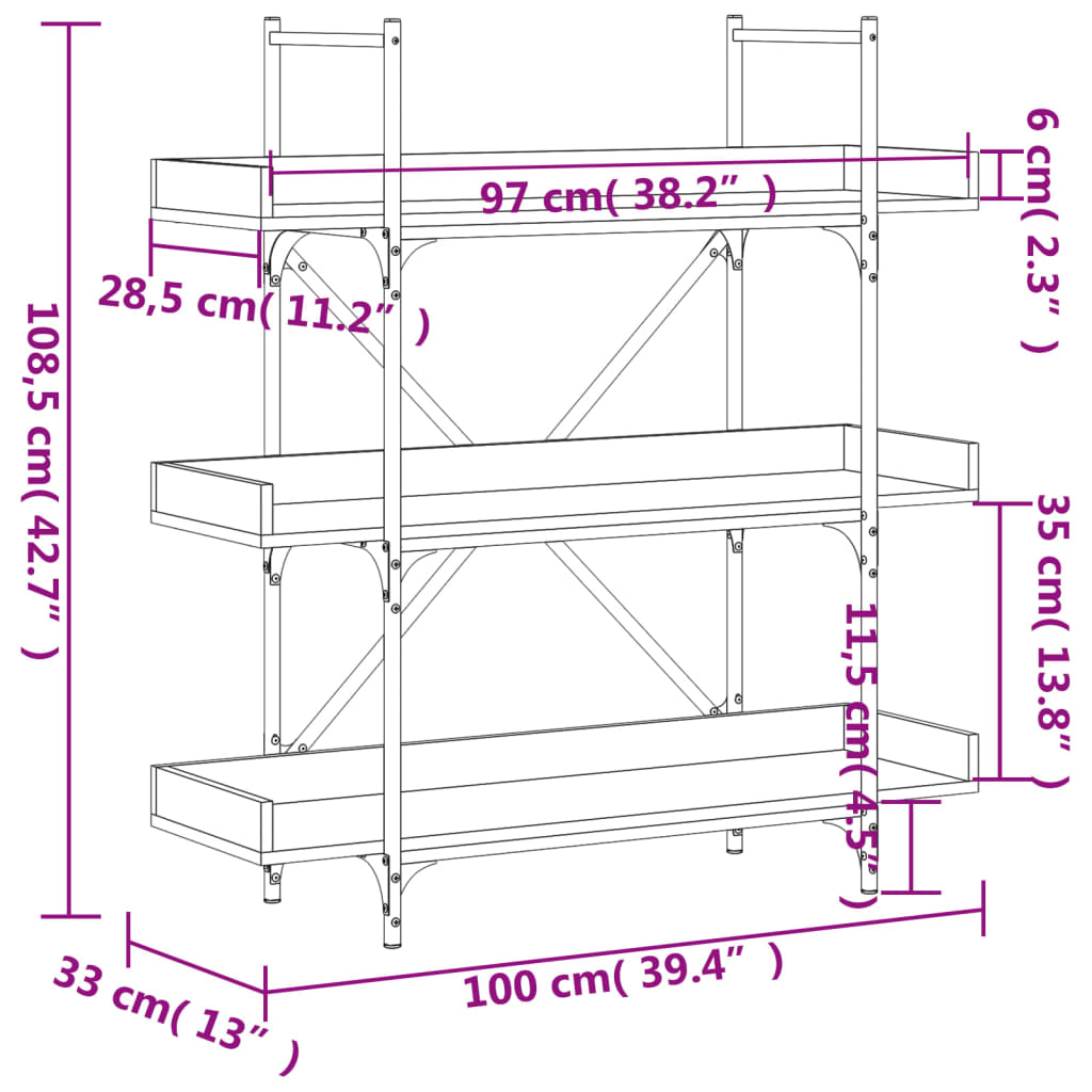 Bokhylla 3 hyllplan sonoma-ek 100x33x108,5 cm konstruerat trä