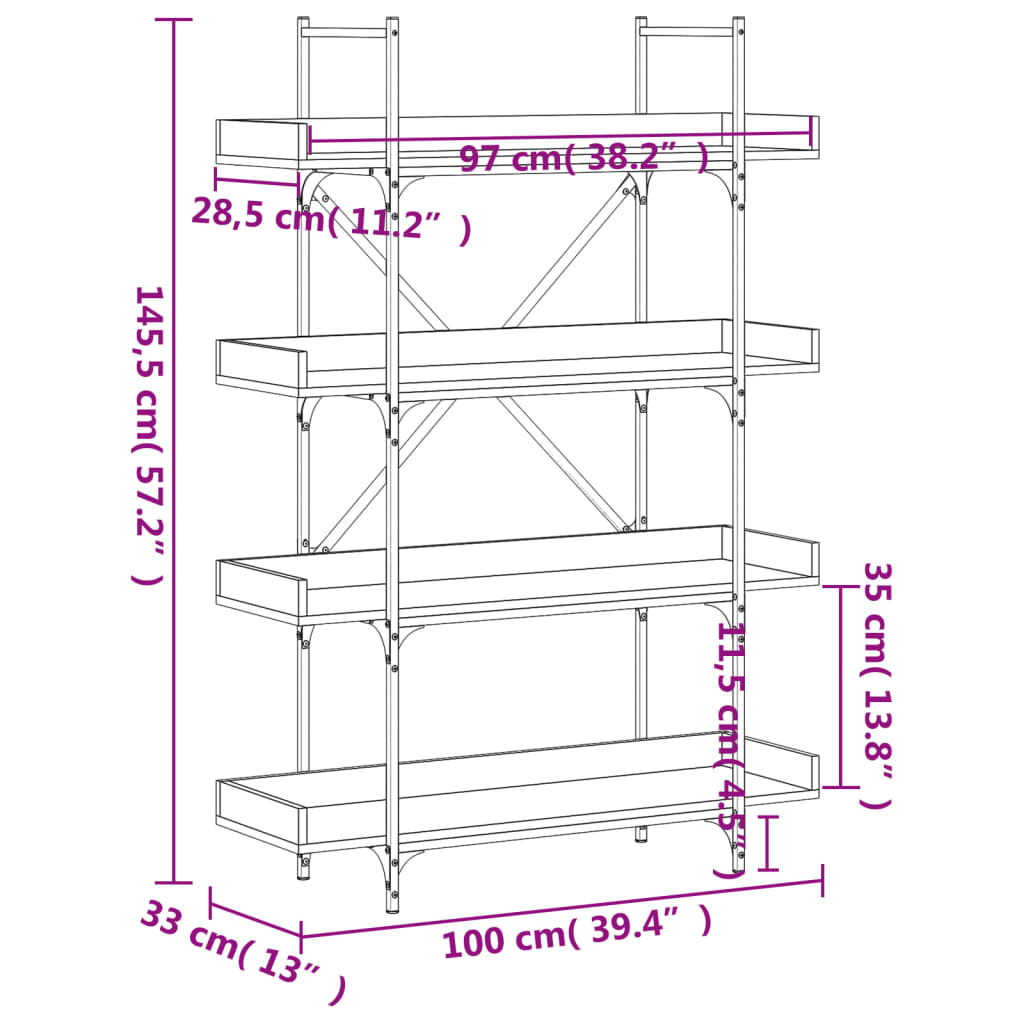 Bokhylla 4 hyllplan svart 100x33x145,5 cm konstruerat trä