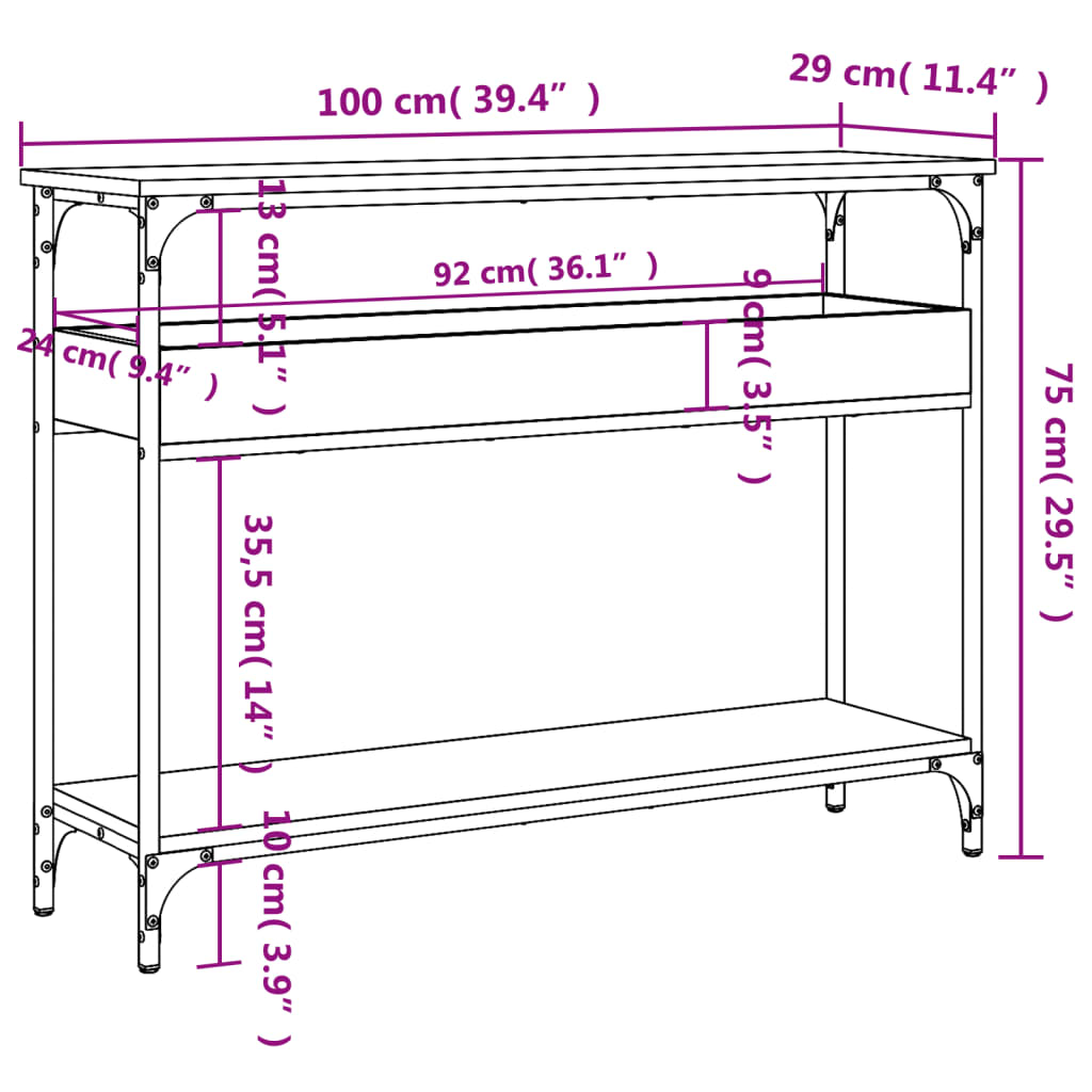 Konsolbord med hylla svart 100x29x75 cm konstruerat trä