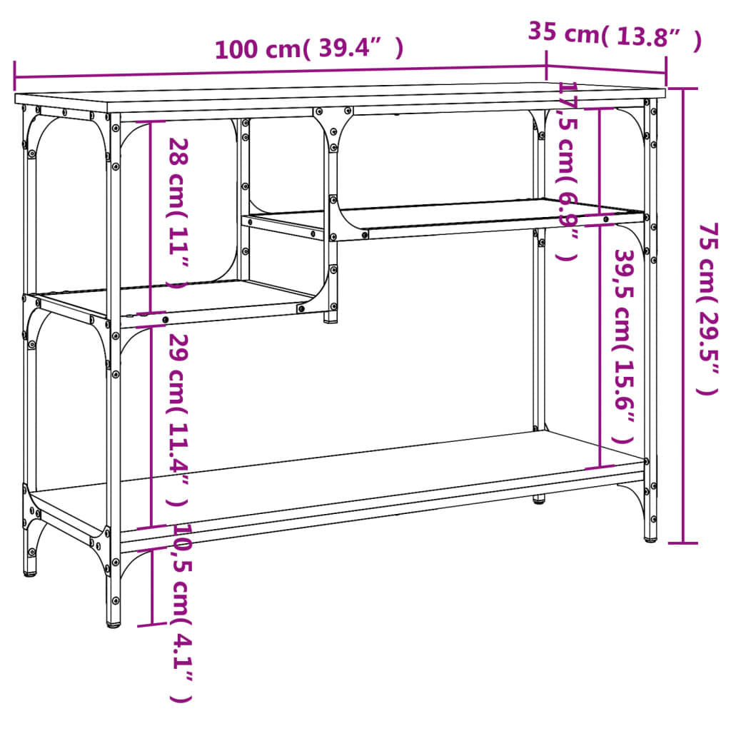 Konsolbord med hyllor svart 100x35x75 cm