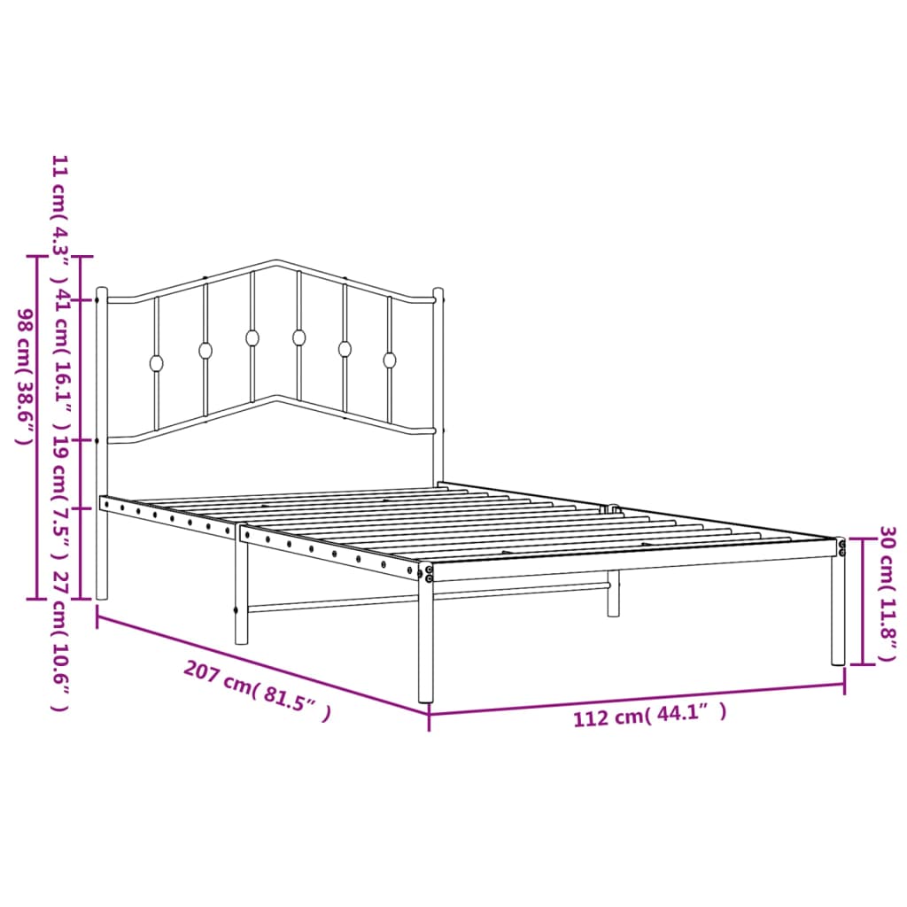 Sängram med huvudgavel metall vit 107x203 cm