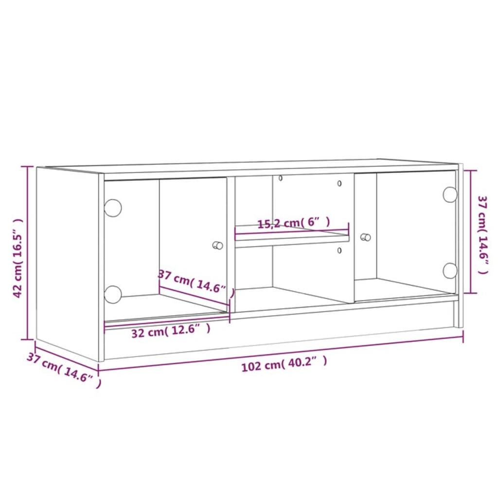 Tv-bänk med glasdörrar rökfärgad ek 102x37x42 cm