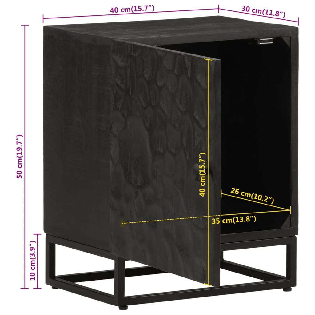 Sängbord svart 40x30x50 cm massivt mangoträ och järn