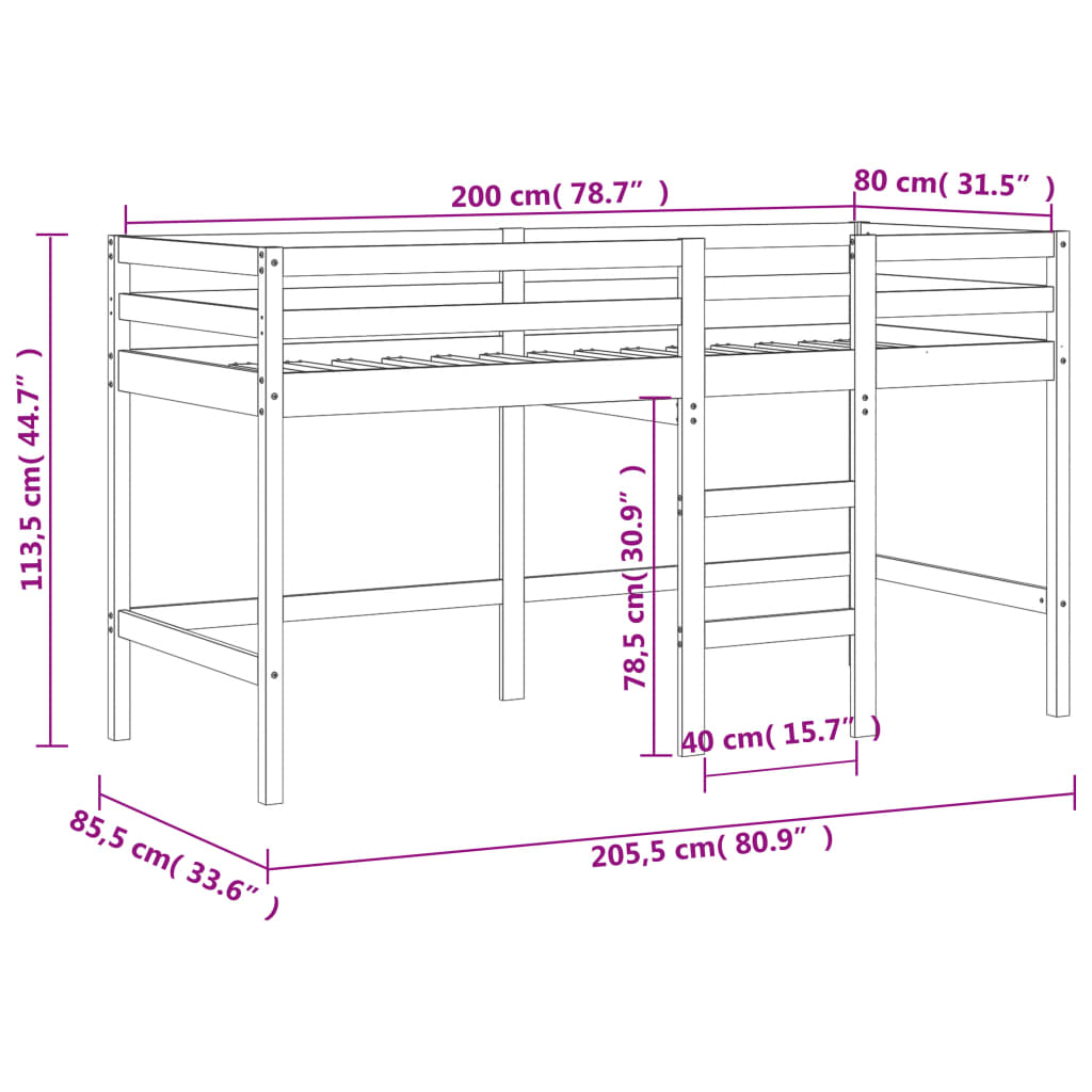 Loftsäng med stege vit 80x200 cm massiv furu