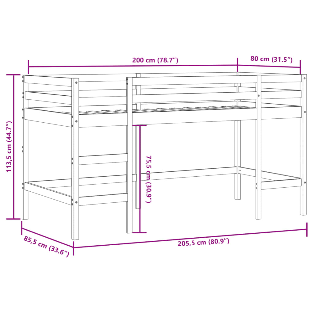 Loftsäng med stege vit 80x200 cm massiv furu