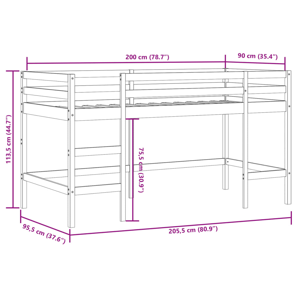 Loftsäng med stege vit 90x200 cm massiv furu