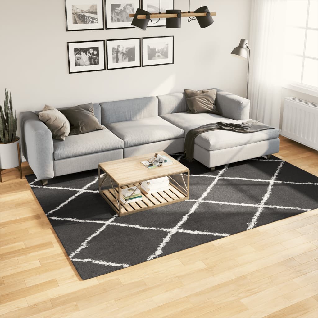 Ryamatta PAMPLONA lång lugg modern svart & gräddvit 200x280 cm