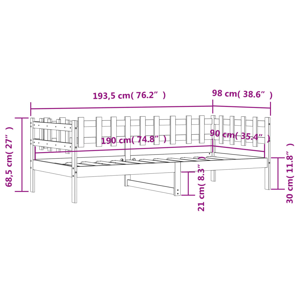 Dagbädd utan madrass 90x190 cm massiv furu