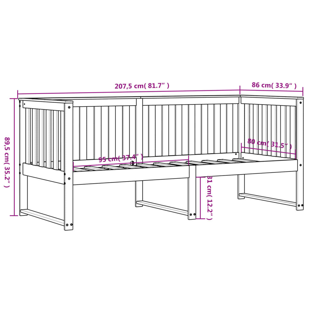 Dagbädd utan madrass vit 80x200 cm massiv furu