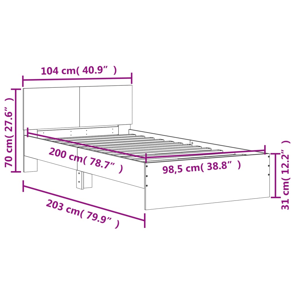 Sängram med huvudgavel rökfärgad ek 100x200 cm konstruerat trä