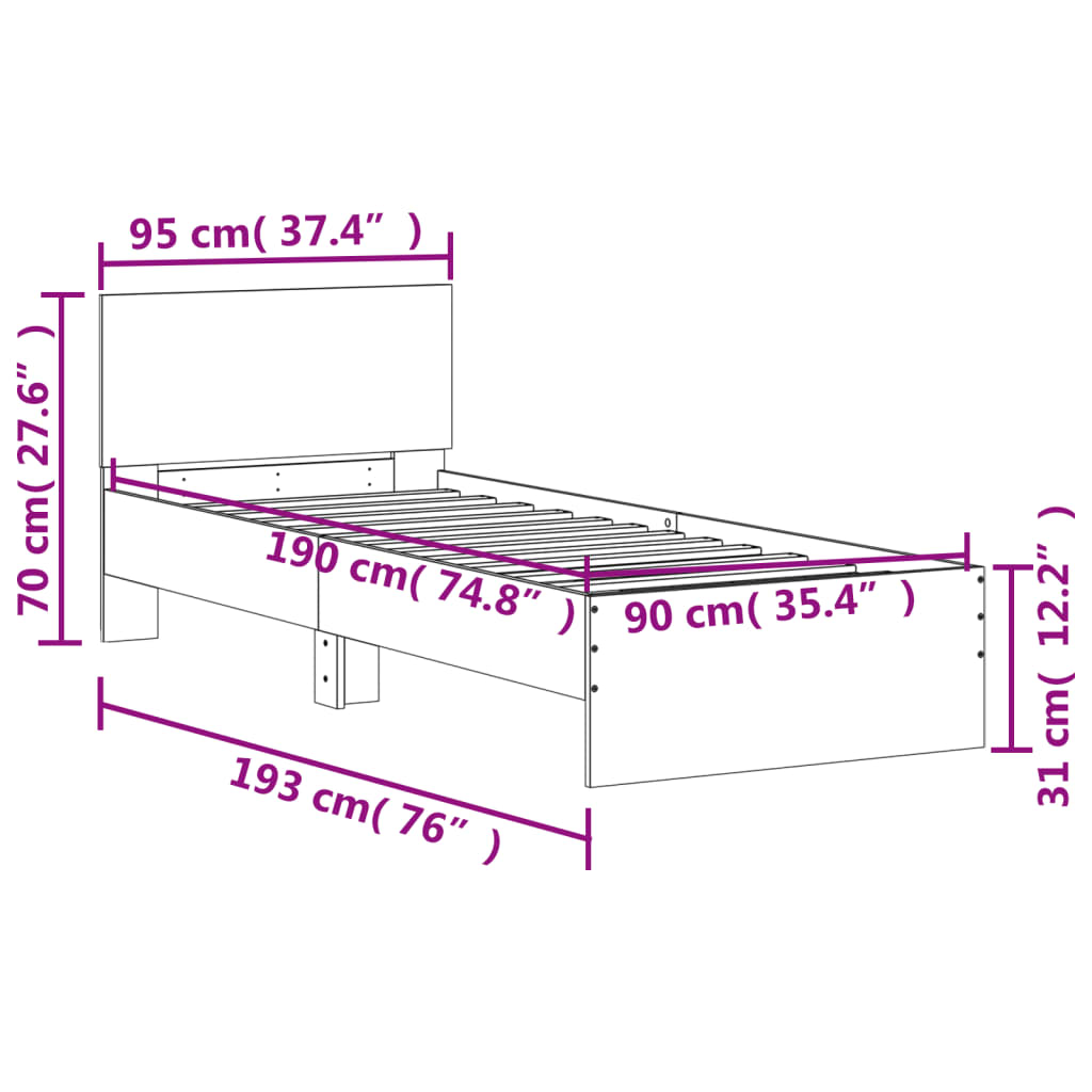 Sängram utan madrass med huvudgavel sonoma-ek 90x190 cm