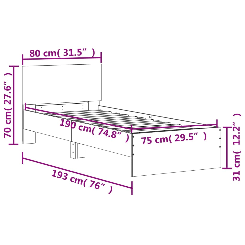 Sängram med huvudgavel vit 75x190 cm konstruerad trä