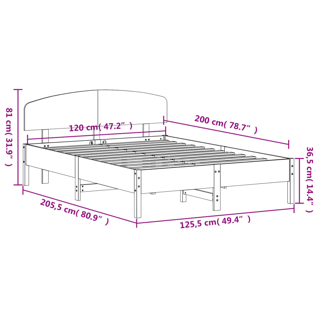 Sängram utan madrass vaxbrun 120x200 cm massiv furu